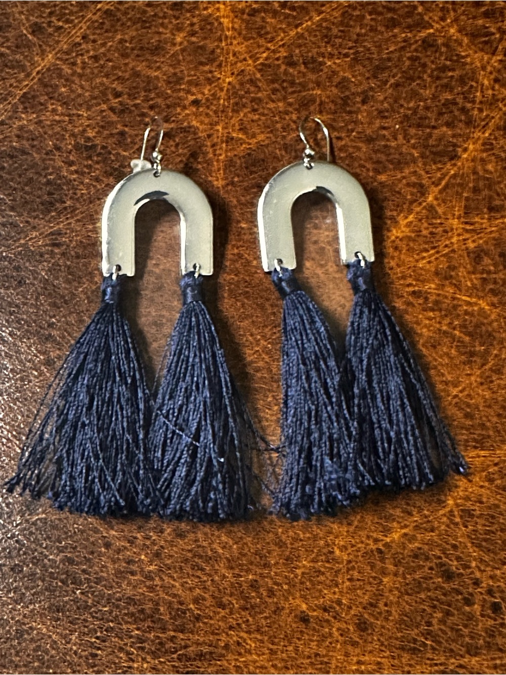 Tassel Drop pierced Earrings silver and Navy Blue
